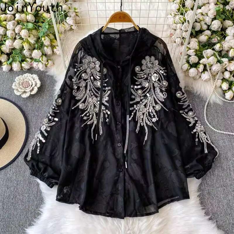 2025 Blusas Mujer De Moda Heavy Sequin Beading Blouse Womens Clothing Long Sleeve Loose Hooded Shirts Temperament Tops Female