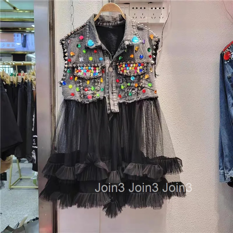 Denim Vest Coat Sleeveless Patchwork Gauze Waistcoats Y2k Tops Heavy Diamond Tanks Casual Fashion Korean Chalecos Para Mujer