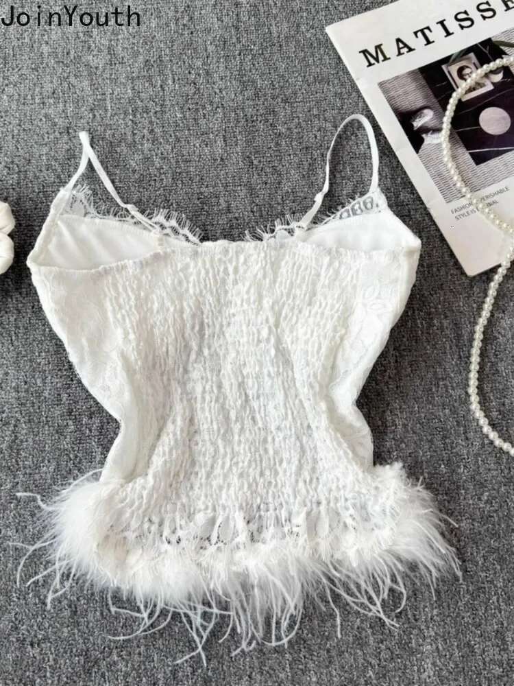 Crop Top Womens Clothing Lace Patchwork Furry Vest Sexy Backless Slim Fit Camis Fashion Korean Tanks Y2k Tops 2025 Ropa Mujer