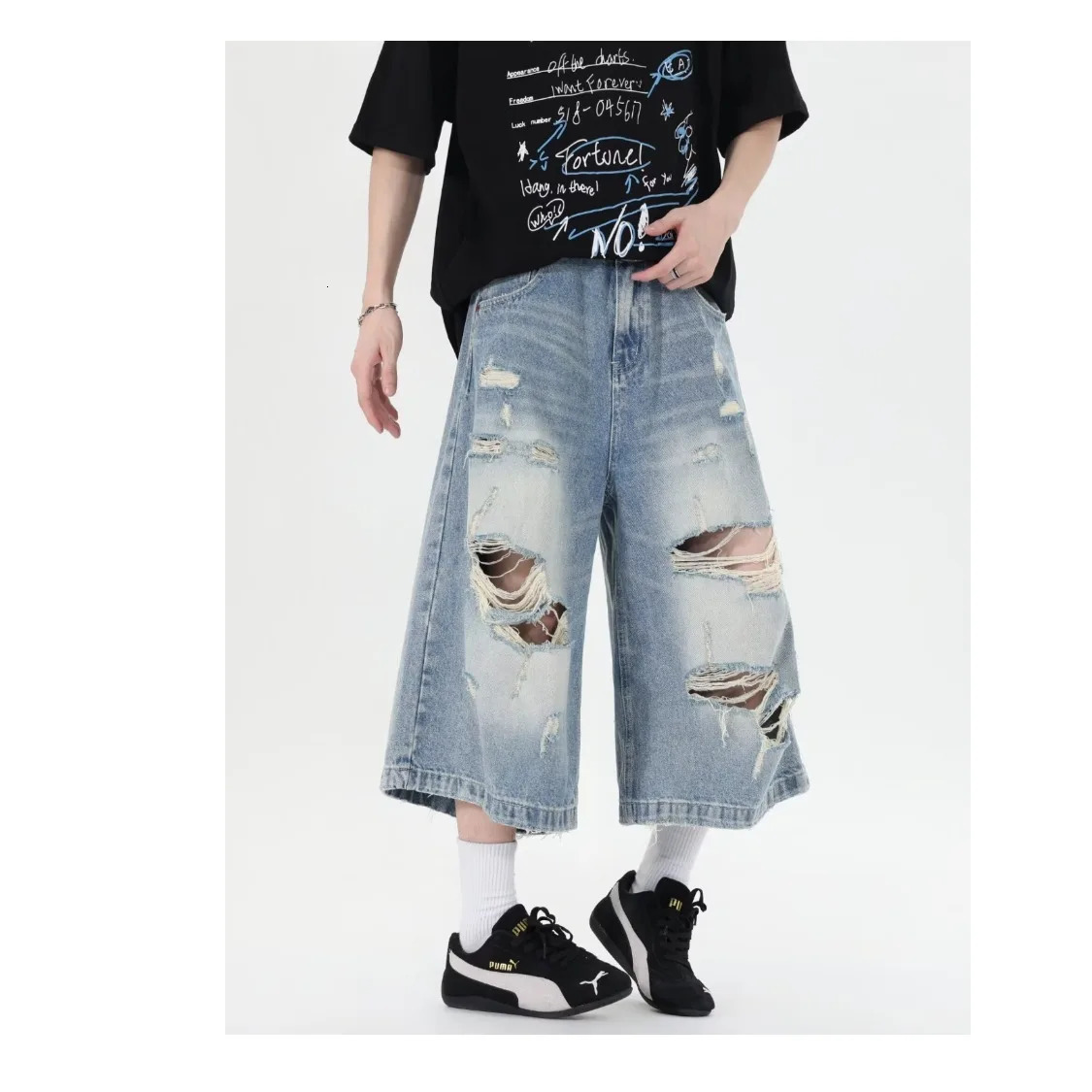 DM Ripped Mens Denim Shorts American Style High Street Loose Straight-leg Men Casual Pants Fashionable clothes 250618