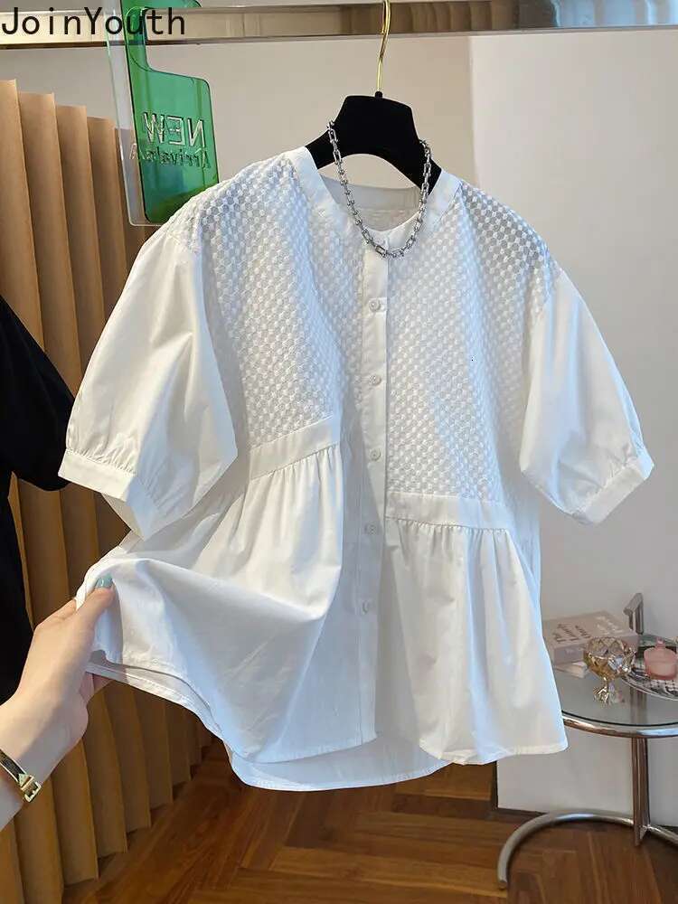 2025 Blusas Mujer De Moda White Women Blouse O-neck Patchwork Puff Sleeve Oversized Tops Vintage Irregular Summer Blouses Shirts