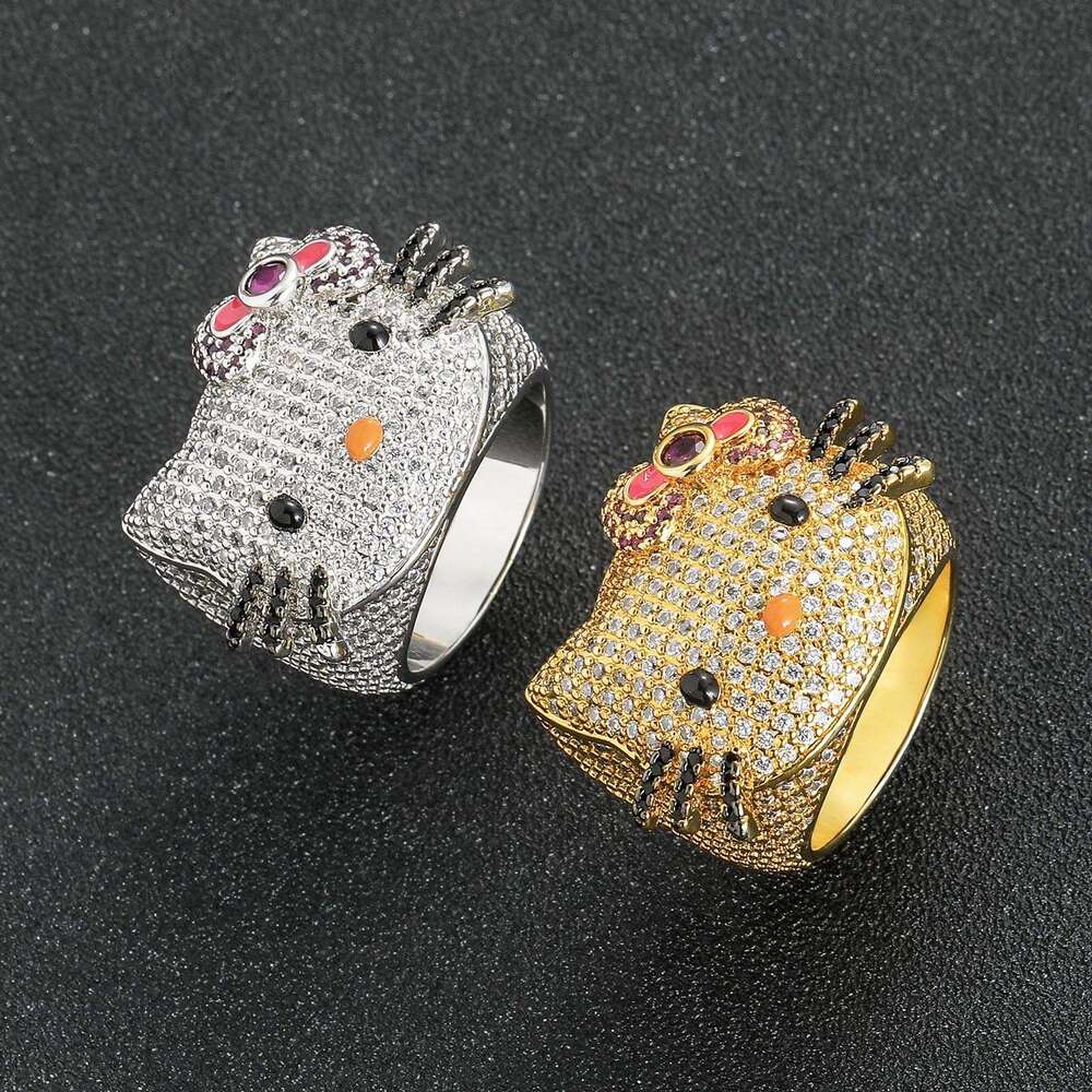 New Hip-Hop Cute Cartoon Couple Rings for Men and Women Micro-Paved Zircon Cat Ring 70f3