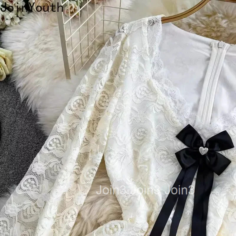 Sweet Woman Dress Slim Waist Slim Fit Korean Robe Femme Patchwork Lace V-neck A-line Temperament Dresses 2025 Vestidos De Mujer