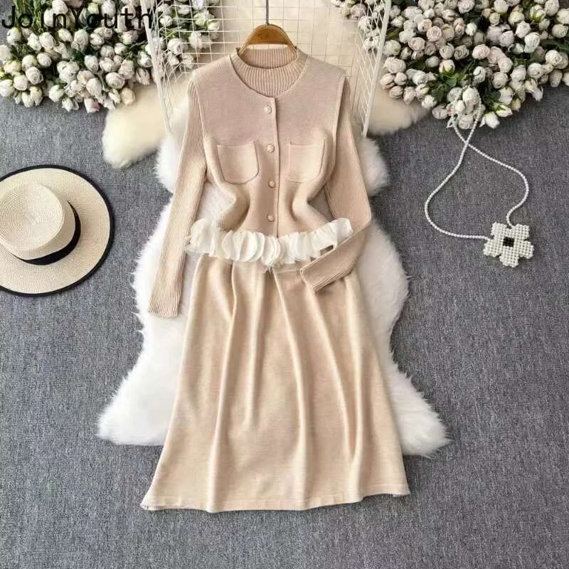 Women Clothing Knitted Outfits Two Piece Sets Long Sleeve Tunic Dresses Ruffles Single Breasted Vest Suit Vintage Korean Set