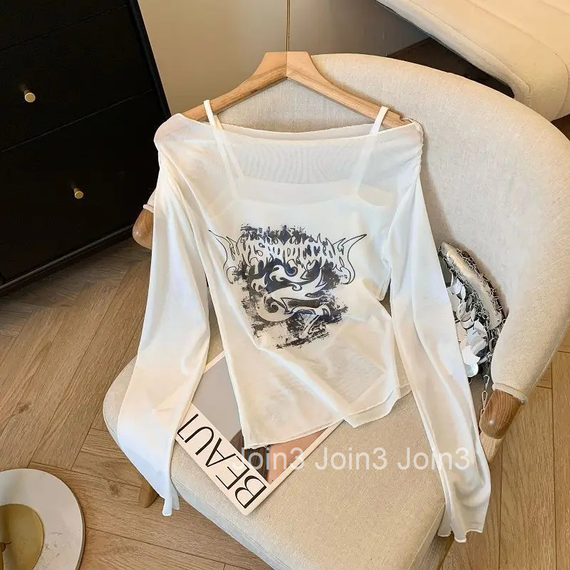 Women Clothing Sexy T Shirts Gauze Slash Neck Tunic Print Tees Y2k Tops Fashion Summer T-shirt Suit Casual Korean 2 Piece Set