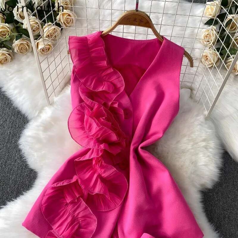 Fashion 2 Piece Set Women Clothing Sleeveless V-neck Ruffles Vest High Waist Wide Leg Pants Suit Temperament Korean Summer Suit