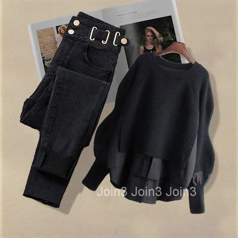 Fall Winter Clothes Fashion Two Piece Sets Women Patchwork Knit Pullovers Slim Fit Denim Pants Outfits Casual Korean Y2k Suit