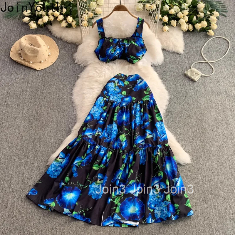 Skirt Outfits Women Clothing Summer 2 Piece Sets Sexy Tunic Crop Tops High Waist A-line Big Swing Skirts Suit Sweet Floral Set
