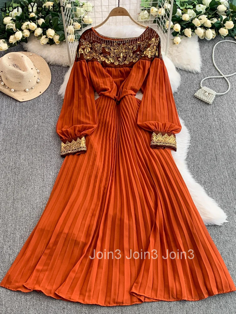 Temperament Robe Femme Summer Elegant Pleated Dresses for Women 2025 Vestidos De Mujer O-neck Vintage Bandage Sequin Maxi Dress