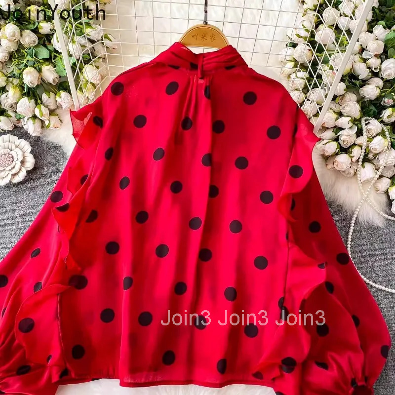 2025 Blusas Mujer De Moda Blouses for Women Stand Neck Bangage Lantern Sleeve Loose Shirts Vintage Polka Dot Ruffles Blouse Tops