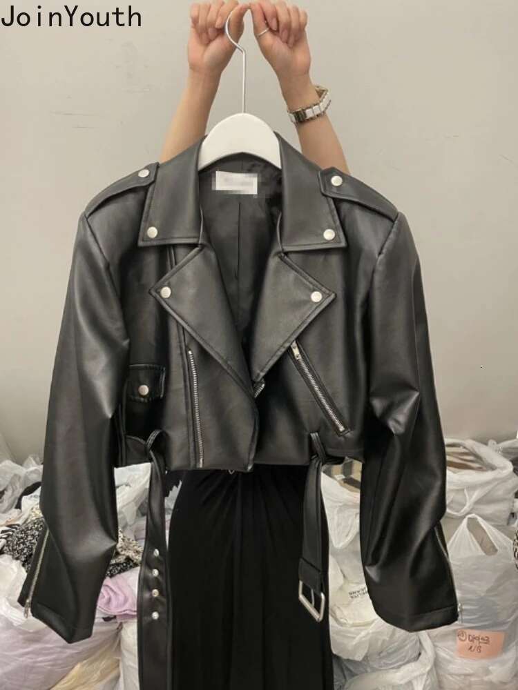 Korean Fashion Leather Jacket Womens Clothing Turndown Collar Zipper PU Crop Coat 2025 Ropa Mujer Streetwear Harajuku Y2k Tops