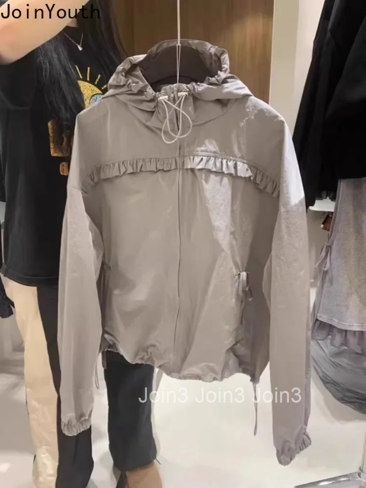 2025 Ropa Mujer Korean Jackets for Women Fashion Drawstring Long Sleeve Ruffles Hooded Zipper Y2k Tops Casual Solid Color Coat