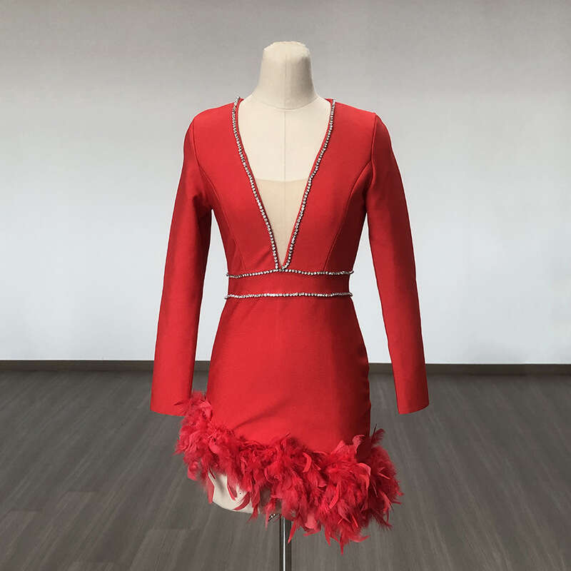 White Skirt Maxi Skirt Feather Mini Evening Gown Bandage French Deep V Splicing Rhinestone Long Sleeve Short Dress Long Skirt