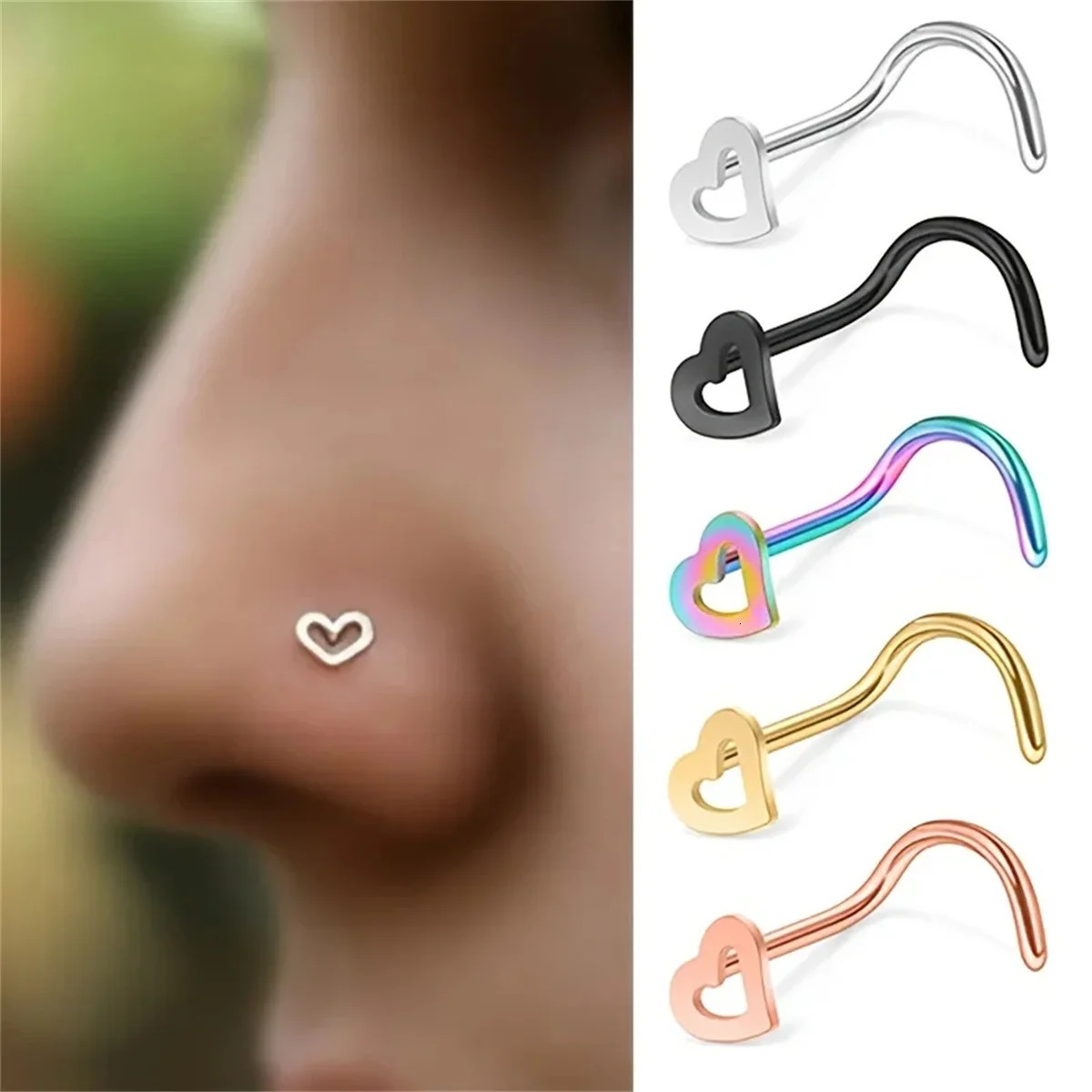 5pcs Fashion Hollow Heart Stainless Steel Nose Stud Set for WomenNostril Piercing Nariz Pin Screw Body Jewelry 250613
