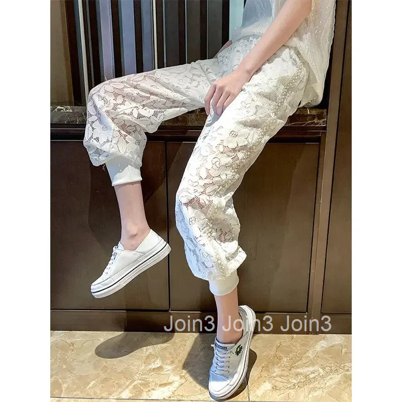 Chic Lace Pants Women 2025 New Bottoms High Waist Temperament Sexy Trousers Hollow Out Beading Casual Y2k Pantalon Femme 7m768