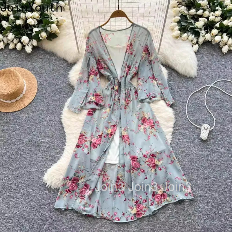 Dress for Women 2 Piece Set Flare Sleeve Floral Chiffon Dresses 2025 Vestidos De Mujer Vintage High Waist Temperament Robe Femme