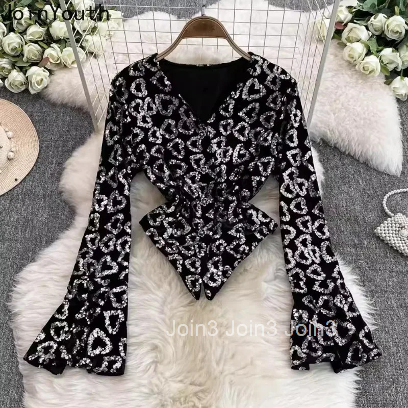 2 Piece Sets Womens Outfits Korean Clothing V-neck Flare Sleeve Irregular Tops Bodycon Mini Skirt Suit Fashion Sequin Sexy Set