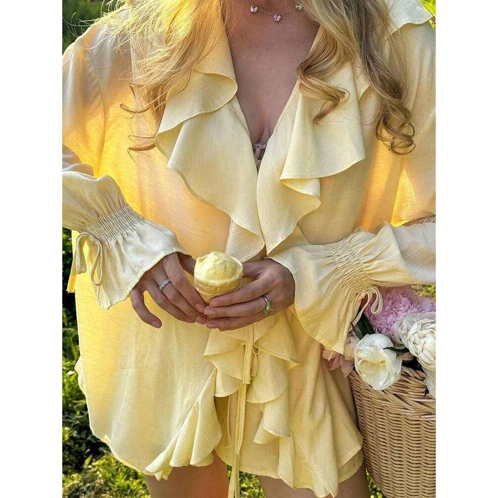 Talenza Women's Two Piece Casual Ruffle Loose Lace-up Top Slim Summer Office Lady Female Shorts Set