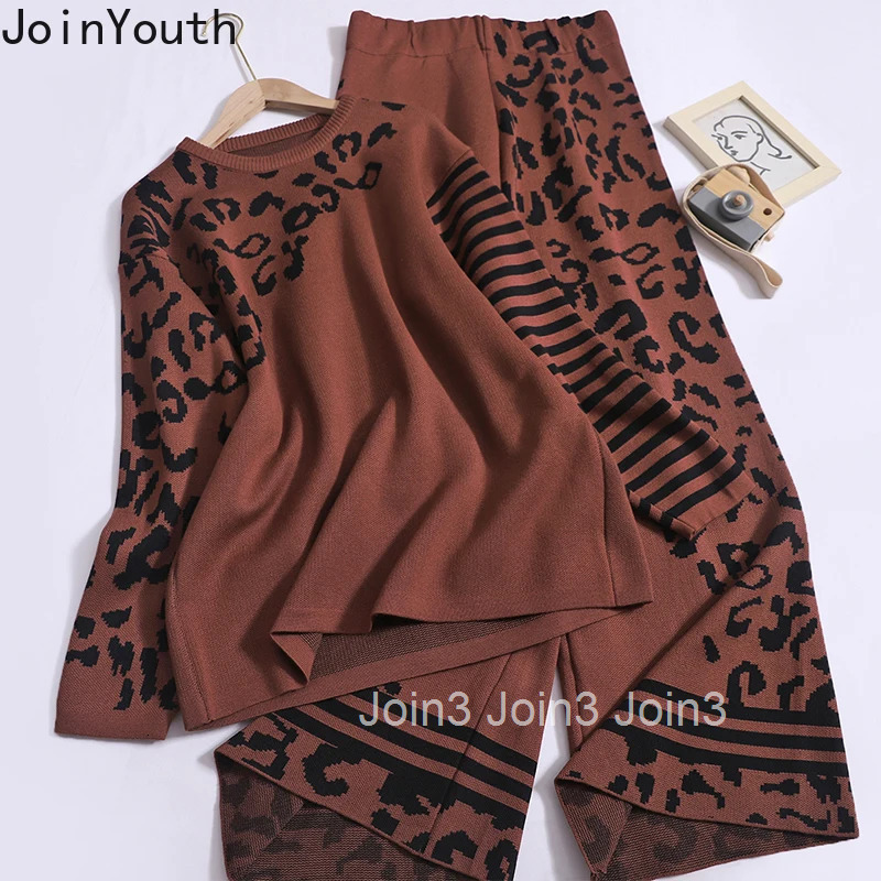 Pants Outfits Knitted Two Piece Sets Long Sleeve Oversized Pullovers High Waist Wide Leg Pants Suit Casual Fashion Leopard Set