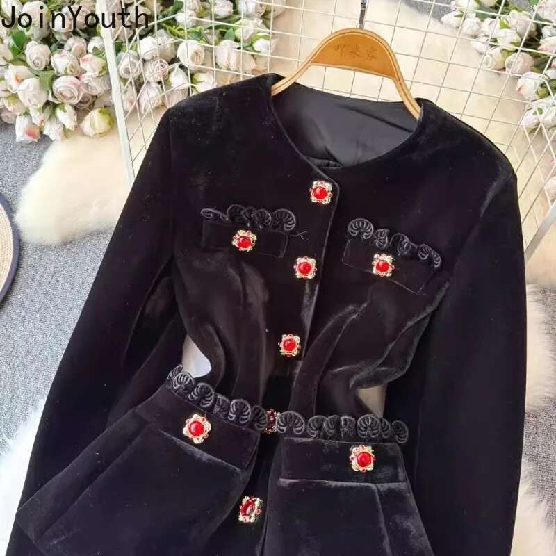 Vintage Two Piece Sets Women Outfits Women Clothes O-neck Belt Tunic Jackets Slim Waist Shorts Suit Roupas Femme Chic Velvet Set