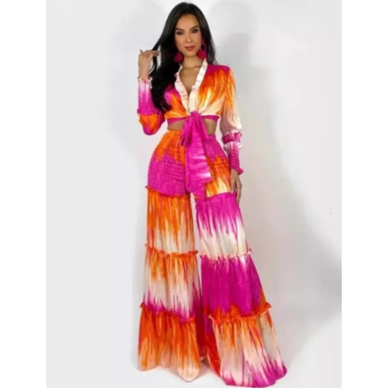 Fashion Womens Set Printed Tie Up Hem Long Sleeve Shirt Wide Leg Pants 2025 Beach Summer Two 2 Pieces Set Outfits Tracksuit 250617