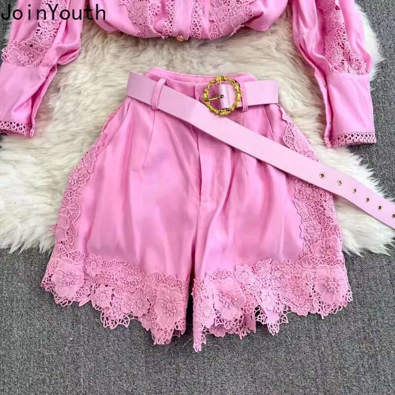 Women Clothing Shorts Outfits Summer Two Piece Sets Long Sleeve Lace Shirt High Waist Wide Leg Shorts Suit Vintage Korean Set