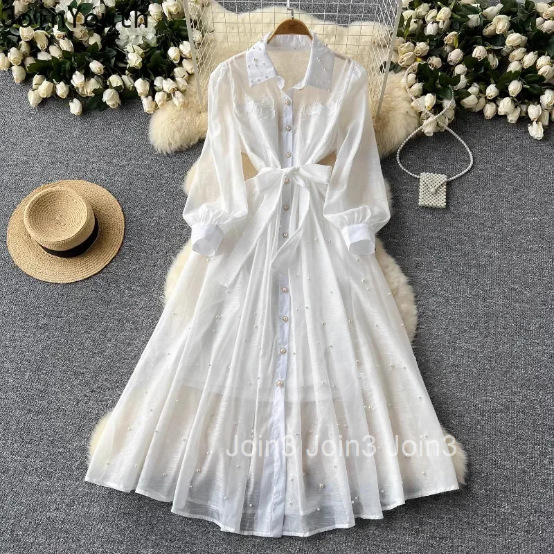 Vintage Robe Femme Heavy Beading Lapel Neck Maxi Dresses Sexy Bandage Slim Waist Bottoming Camisole Dress Women Two Piece Sets