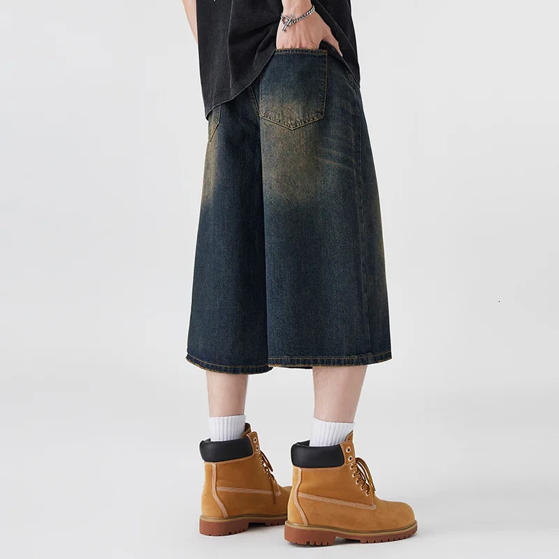 Mens Non-Elastic Denim Seven-Five Shorts Loose Wide Leg Fit Versatile Simple Style Casual Shorts 250617