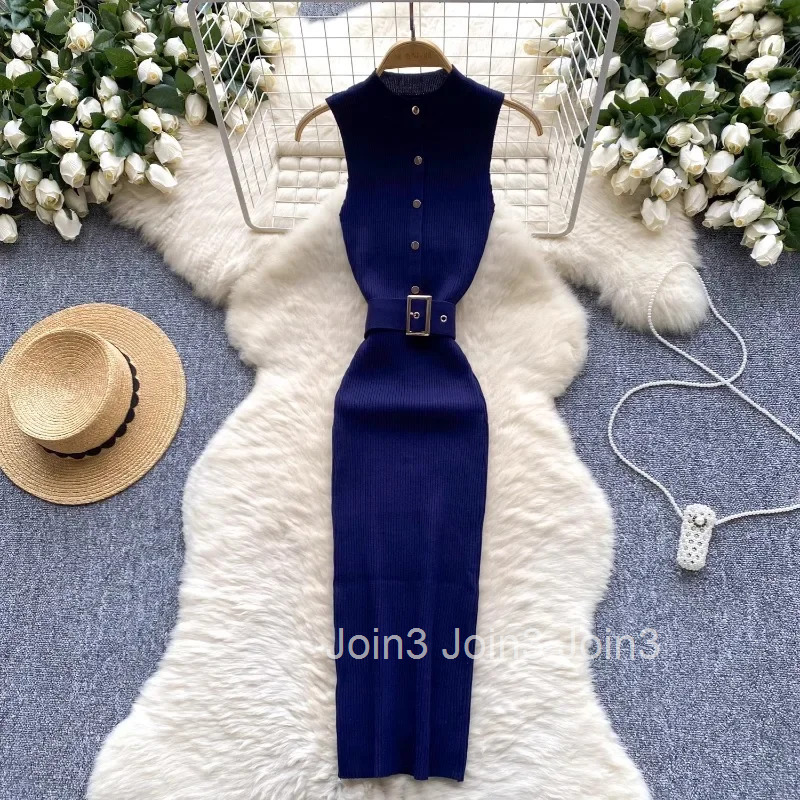 Knitted Woman Dress 2025 Vestidos De Mujer Sleeveless Half High Collar Tunic Temperament Robe Femme Sexy Bodycon Dresses 7p556