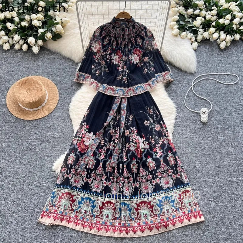 2025 Vestidos De Mujer Vintage Maxi Dresses for Women Slim Waist Bandage Temperament Floral Robe Femme Big Swing Pleated Dress