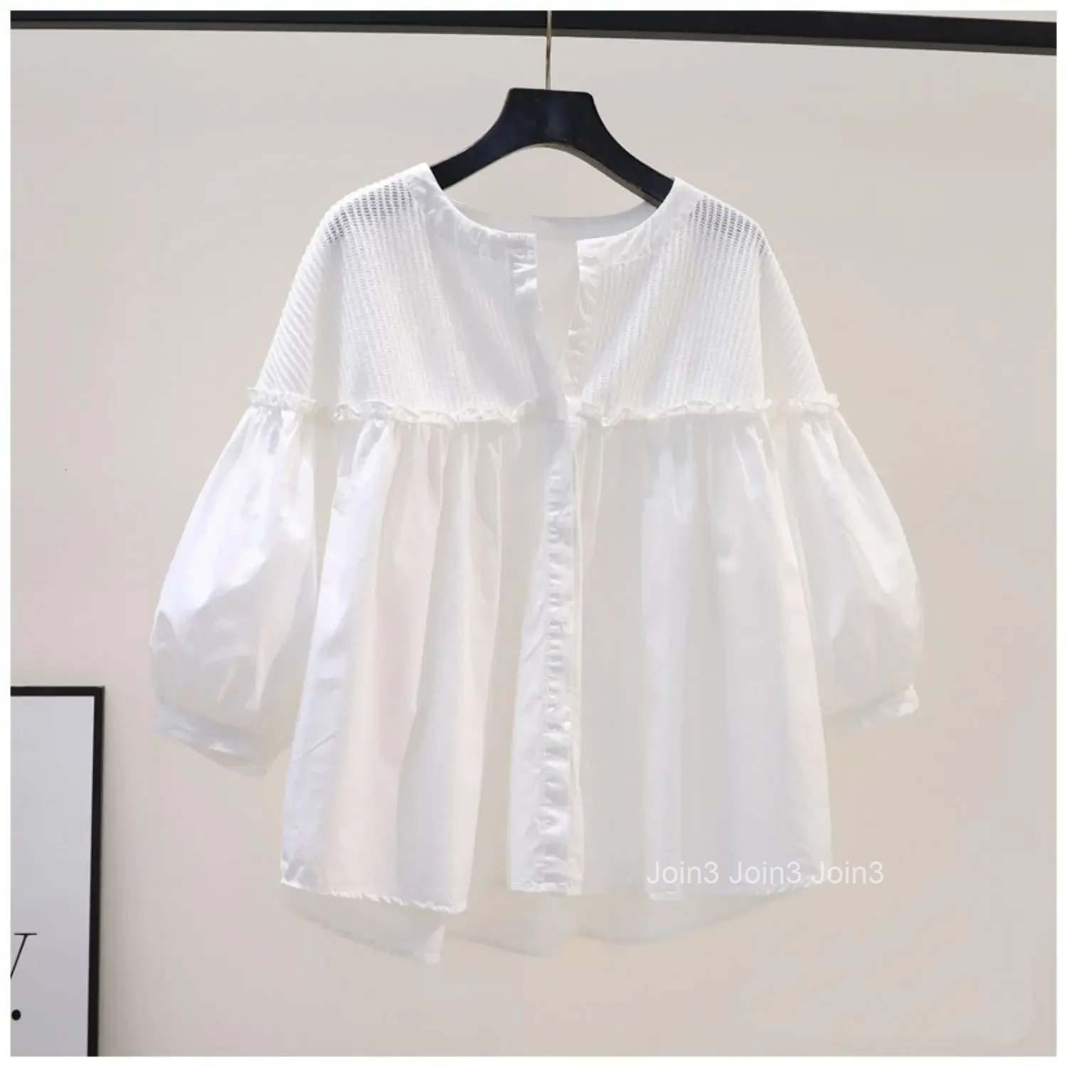Cotton Blouses Women Patchwork Pink Shirt Loose Summer Sweet Ruffles Blouse O-neck Lantern Sleeve Tops 2025 Blusas Mujer De Moda