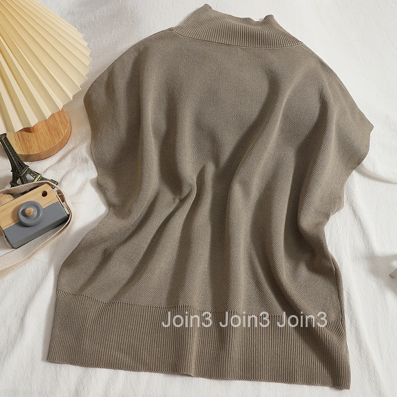 Knitted Tshirts Women Clothing Half High Collar Sleeveless Solid Color Tees Fashion Korean Camisetas Loose Summer T-shirt Tops