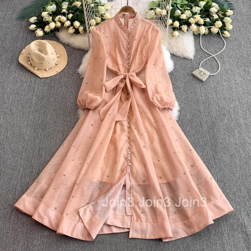 Elegant Maxi Dresses Women Clothing Stand Neck Lantern Sleeve Temperament Robe Femme 2025 Vestidos De Mujer Diamond Summer Dress