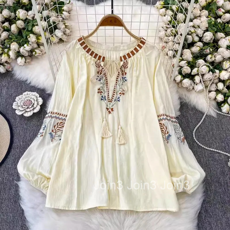 2025 Camisas De Mujer Vintage Blouses Womens Clothing O-neck Long Sleeve Loose Shirts Embroidery Chic Summer Blouse Tops 63e162