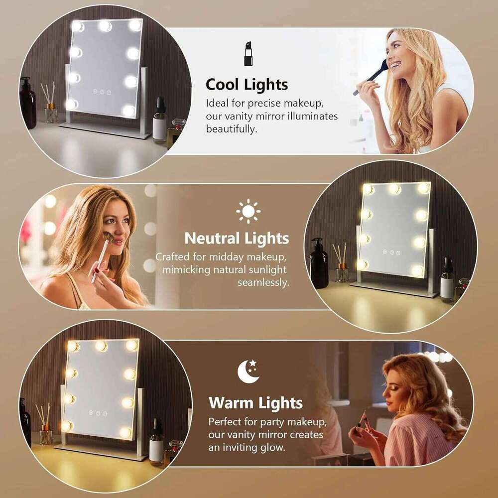 Vanity Lights Hollywood Makeup Mirror With 9 LED Bulbs 3 Color Lighting 360°Rotation For Dressing Room & Bedroom