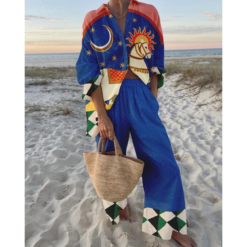 Summer Printed Long Sleeve Shirt Wide Leg Pants 2Piece Outfits Female Beach Holiday Sets 2025 Fashion Women Two Piece Set 250617