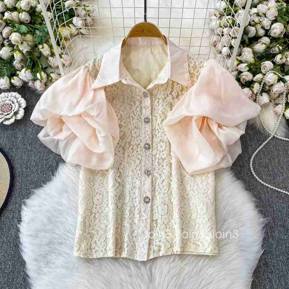2025 Blusas Mujer De Moda Summer Blouses Womens Clothing Puff Sleeve Lace Hollow Out Shirts Slim Waist Vintage Blouse Tops