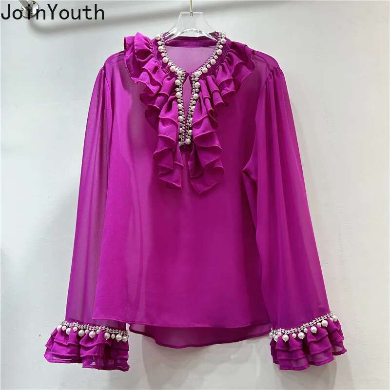 Temperament Lady Tops White Blouses for Women 2025 Camisas De Mujer Heavy Beading Hollow Out Ruffles Loose Chiffon Shirts 7p132