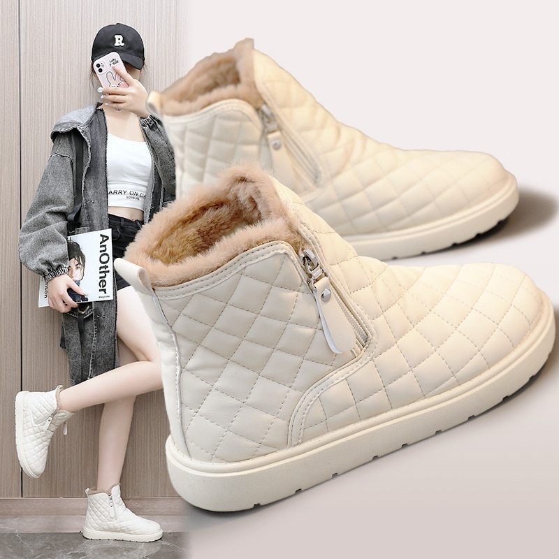 2025 free shipping designer winter snow boots with mid top zipper and plush shoes, student board shoes, internet famous thin sole, lightweight and hei