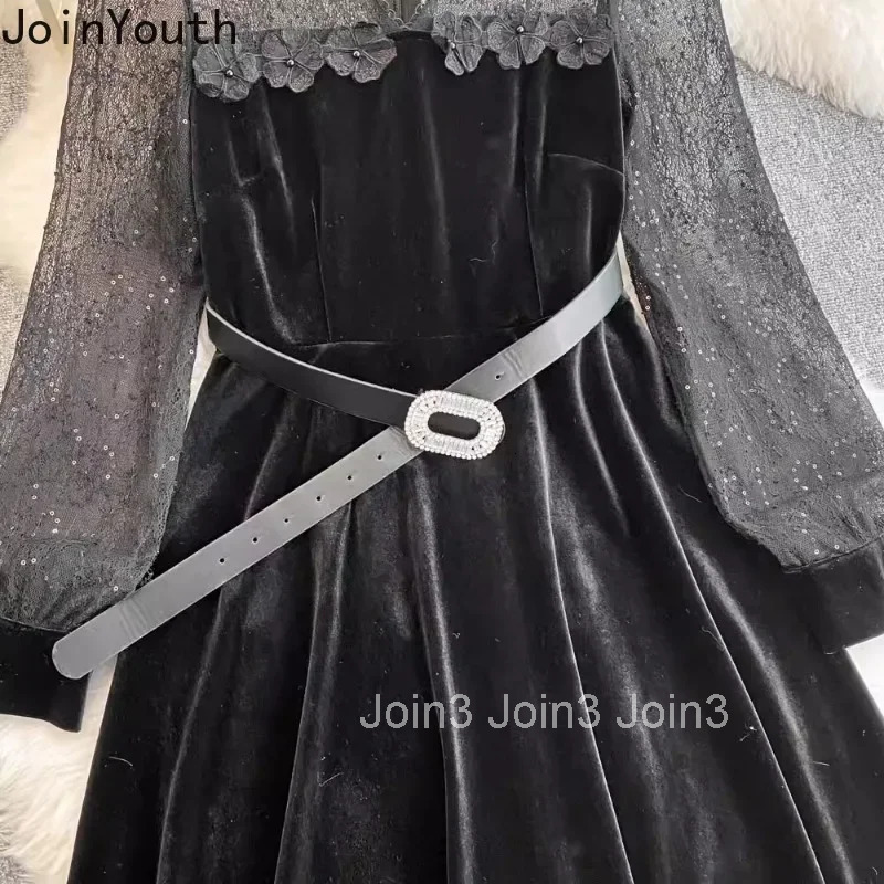 Vintage Dresses Autumn Women Clothing Patchwork Gauze Velvet Robe Femme 2025 Vestidos De Mujer V-neck Black Temperament Dress