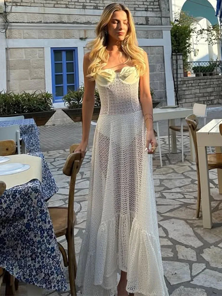 Hollow Out Knitted Patchwork Long Dress Women Spaghetti Strap See Through Backless Fashion Vacation Beach Ruffled Hem Dresses 250617