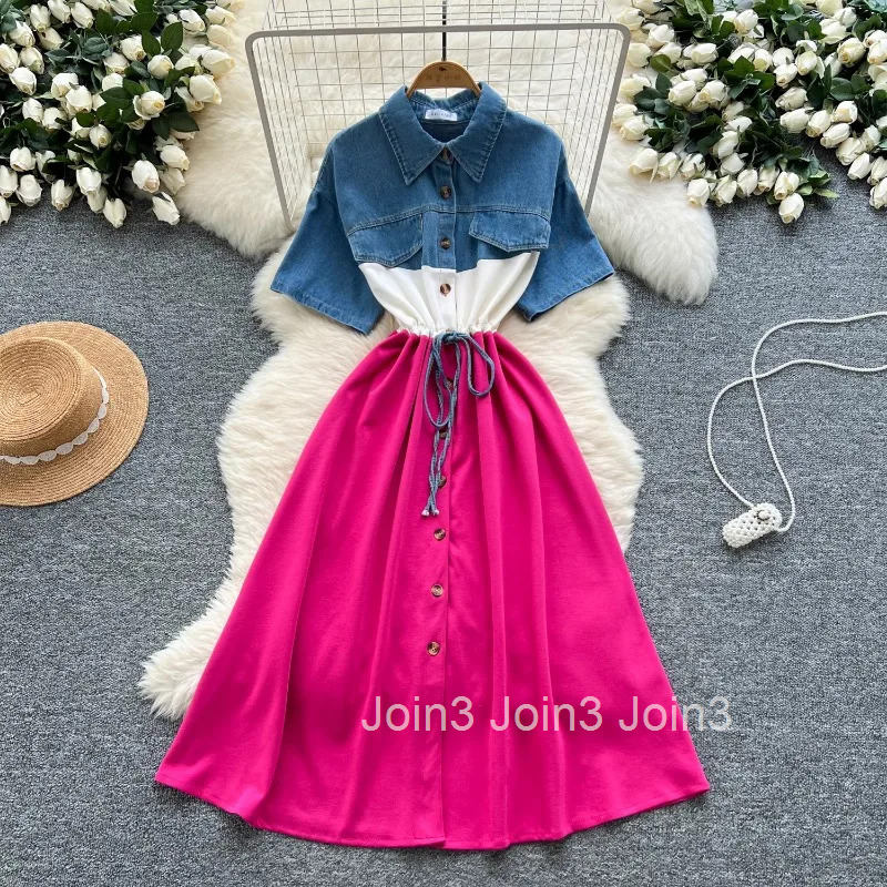 Contrast Color Woman Dress Fake Two Chic Robe Femme 2025 Vestidos De Mujer Patchwork Denim Chic Casual Slim Waist Summer Dress