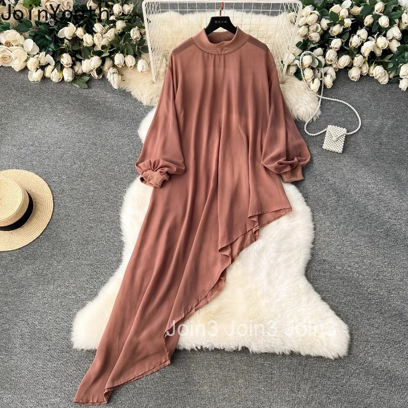 2025 Vestidos De Mujer Irregular Dress Womens Clothing Lantern Sleeve Stand Neck Loose Robe Femme Chic Chiffon Loose Dresses