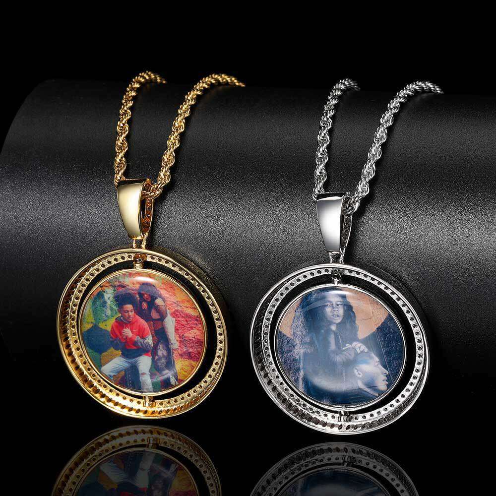 Memory Rotatable Large Double-Sided Round Photo Hip-Hop Pendant Micro-Paved Zircon Hollow Frame Necklace aa09