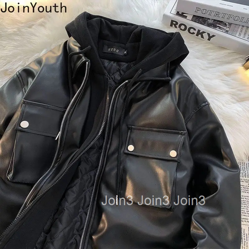 Streetwear Hooded Leather Jackets 2025 Women Clothing Patchwork Fake Two Vintage Outwear Harajuku Fashion Casual Y2k Coat Tops