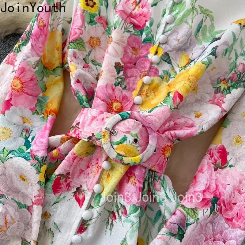 2025 Vestidos Mujer De Moda Floral Elegant Dress for Women Slim Waist Single Breasted Lantern Sleeve Robe Femme Maxi Dresses