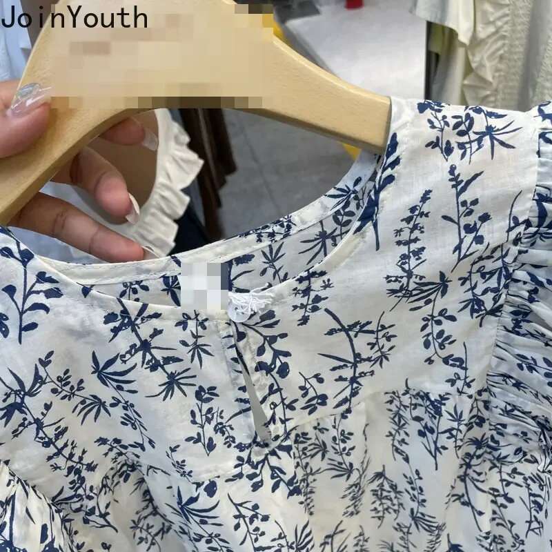 Summer Blouse Women 2025 Blusas Mujer De Moda O-neck Sleeveless Vintage Shirts Loose Floral Blouses Flying Sleeve Ruffles Tops