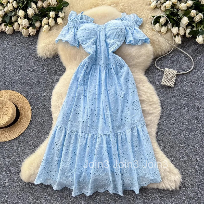 Women Clothing Summer Dresses Slash Neck Slim Waist A-line Robe Femme Temperament Robe Femme Hollow Out Embroidery Sweet Dress