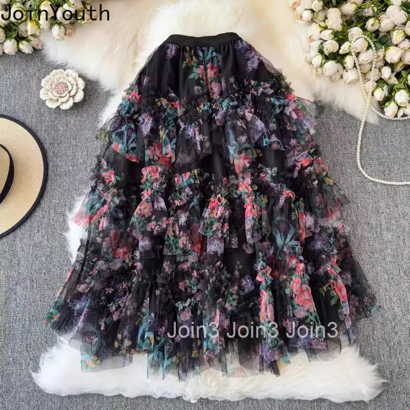 Women Skirt Gauze Floral A-line Korean Jupe 2025 Faldas Mujer De Moda Fashion Sweet Summer Saia High Waist Loose Womens Clothes
