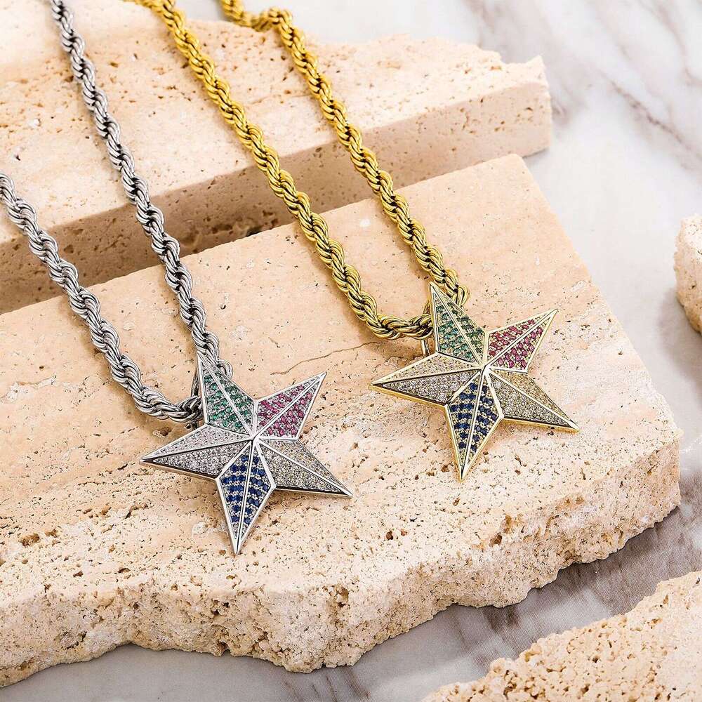 Jin Ao New Men's Hip-Hop Necklace Full Dia Colorful Pentagram Pendant Brooch Copper Inlaid Zircon Trendy Accessories
